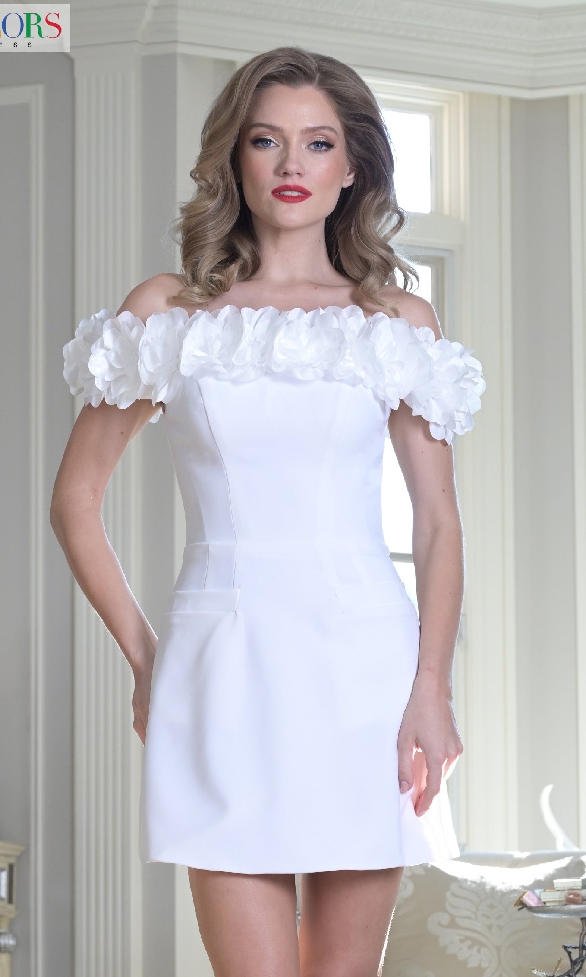 A woman stands indoors before large windows, wearing the Colors Dress 3679 Faux-Pocket Short Hoco Dress, which features a short off-the-shoulder design and delicate 3D floral embellishments on the neckline.